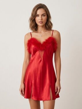 La Senza Red Satin Lace Slip w/ Marabou Feather Trim - Large